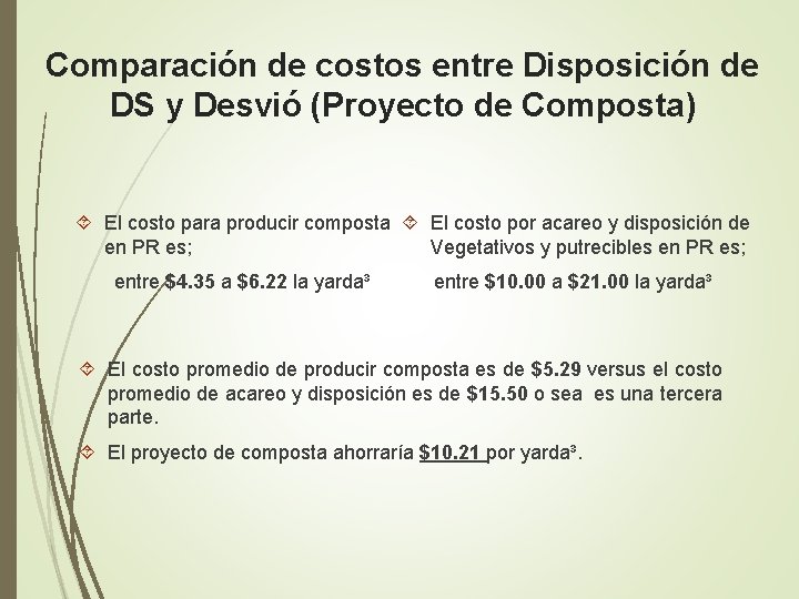 Comparación de costos entre Disposición de DS y Desvió (Proyecto de Composta) El costo