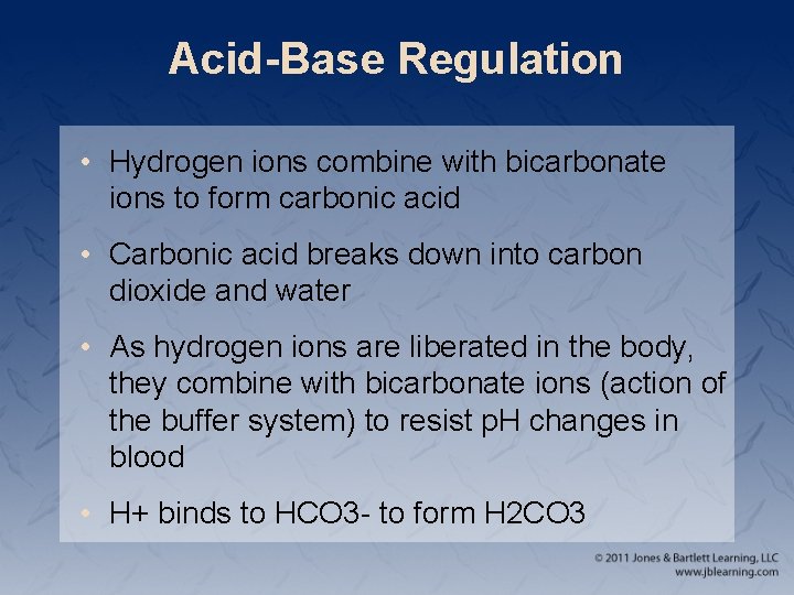 Acid-Base Regulation • Hydrogen ions combine with bicarbonate ions to form carbonic acid •