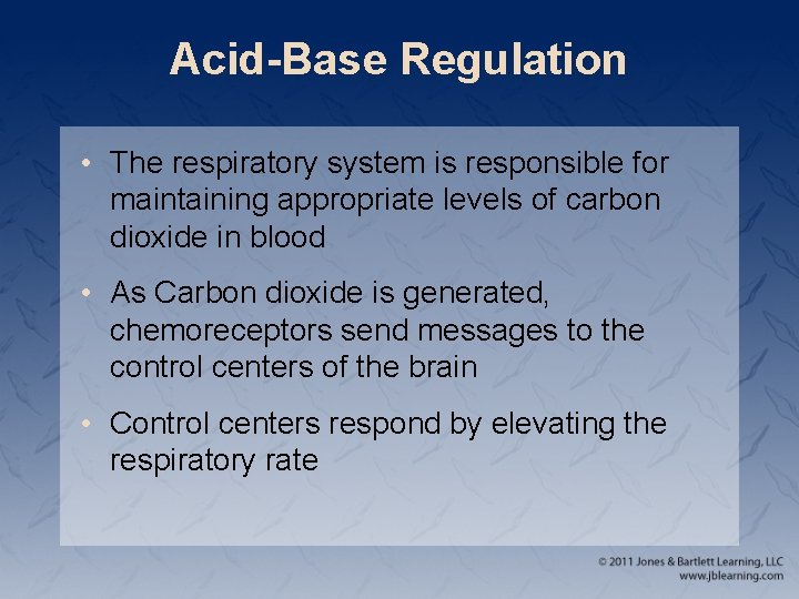Acid-Base Regulation • The respiratory system is responsible for maintaining appropriate levels of carbon