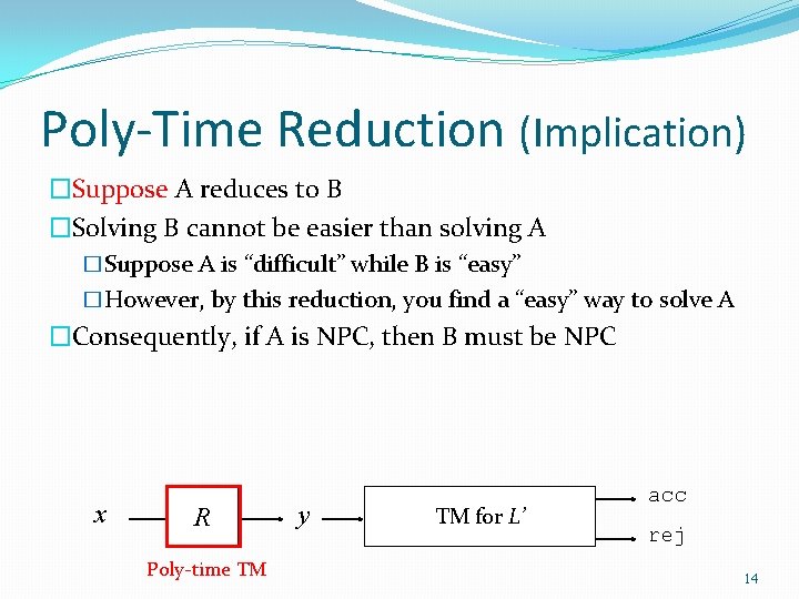 Poly-Time Reduction (Implication) �Suppose A reduces to B �Solving B cannot be easier than