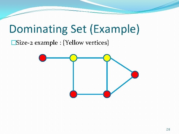 Dominating Set (Example) �Size-2 example : {Yellow vertices} e 28 