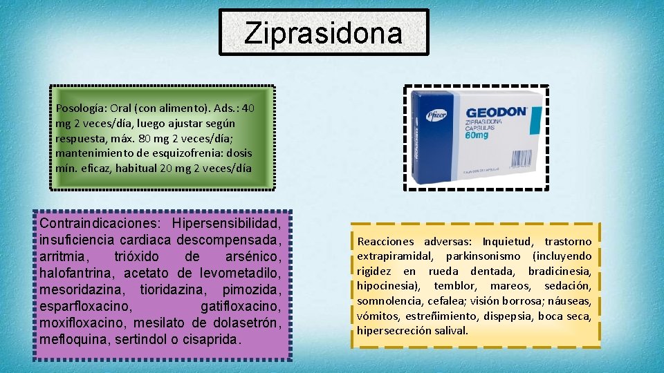 Ziprasidona Posología: Oral (con alimento). Ads. : 40 mg 2 veces/día, luego ajustar según