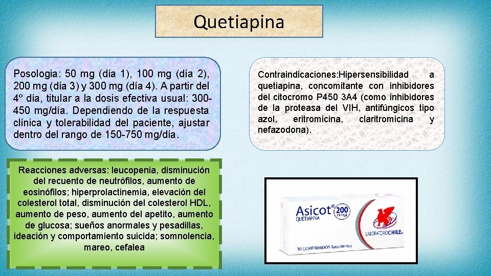 Quetiapina Posologia: 50 mg (día 1), 100 mg (día 2), 200 mg (día 3)