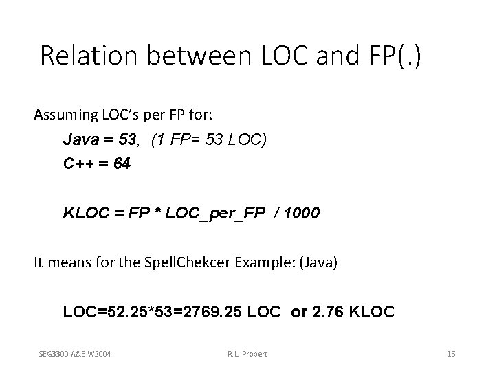 Relation between LOC and FP(. ) Assuming LOC’s per FP for: Java = 53,