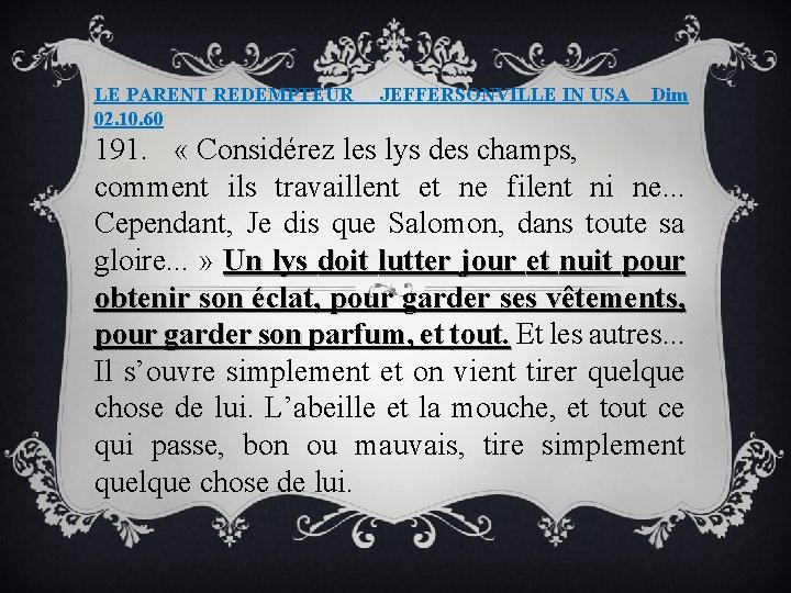 LE PARENT REDEMPTEUR 02. 10. 60 JEFFERSONVILLE IN USA Dim 191. « Considérez les