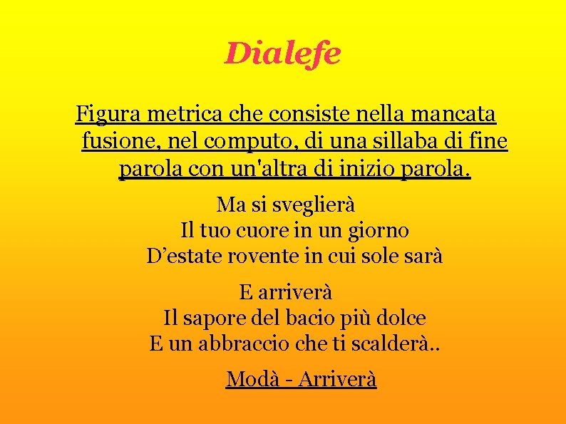 Dialefe Figura metrica che consiste nella mancata fusione, nel computo, di una sillaba di