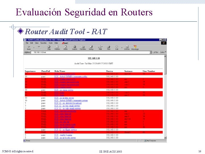 Evaluación Seguridad en Routers Router Audit Tool - RAT JCM-03 All rights reserved III