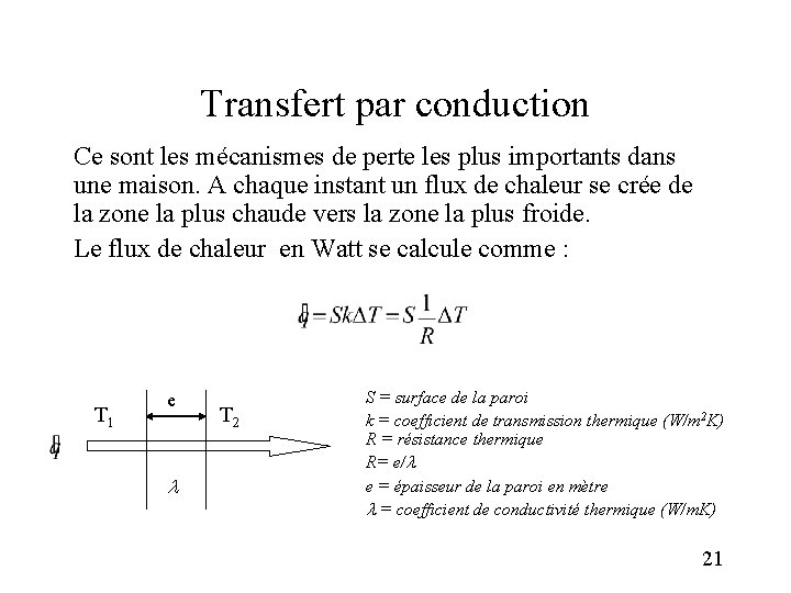 Transfert par conduction Ce sont les mécanismes de perte les plus importants dans une