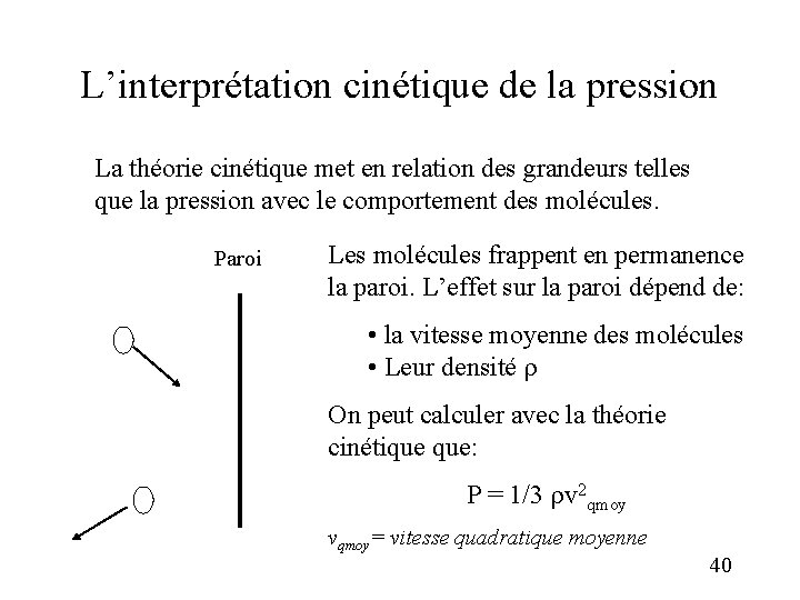 L’interprétation cinétique de la pression La théorie cinétique met en relation des grandeurs telles