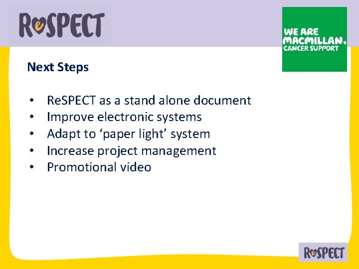 Next Steps • • • Re. SPECT as a stand alone document Improve electronic