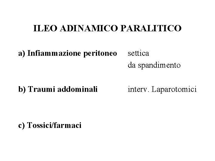 ILEO ADINAMICO PARALITICO a) Infiammazione peritoneo settica da spandimento b) Traumi addominali interv. Laparotomici