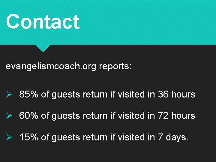 Contact evangelismcoach. org reports: Ø 85% of guests return if visited in 36 hours