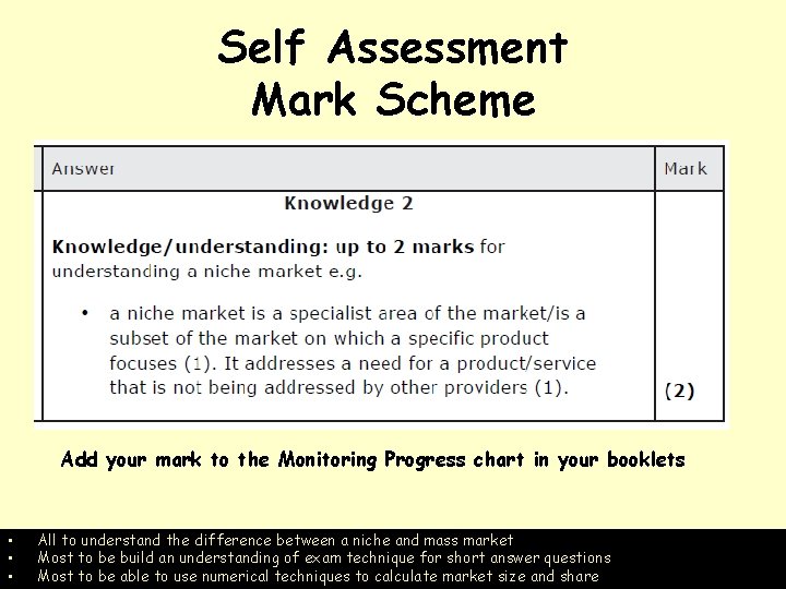 Self Assessment Mark Scheme Add your mark to the Monitoring Progress chart in your