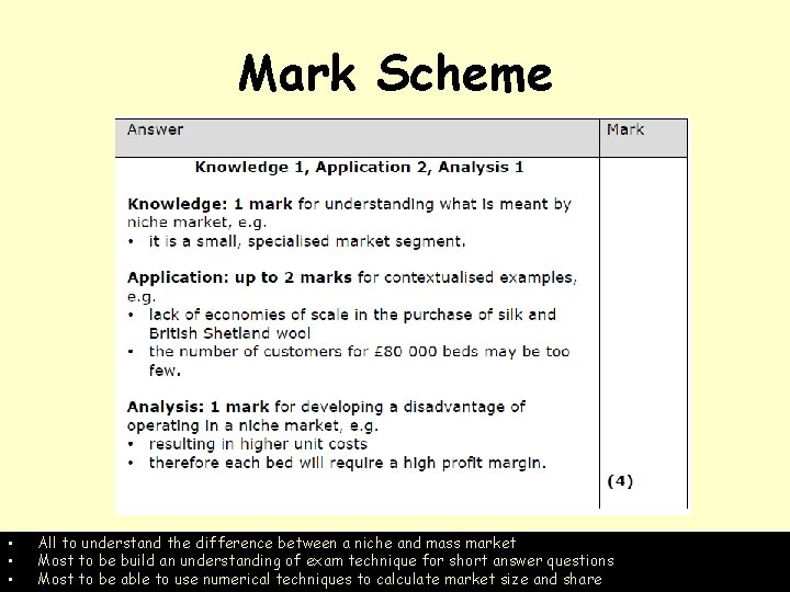 Mark Scheme • • • All to understand the difference between a niche and
