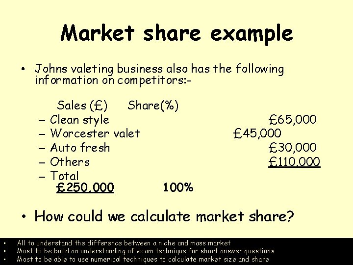 Market share example • Johns valeting business also has the following information on competitors: