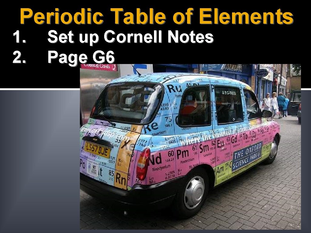 Periodic Table of Elements 1. 2. Set up Cornell Notes Page G 6 20 Periodic Table of Elements 1. 2. Set up Cornell Notes Page G 6 20