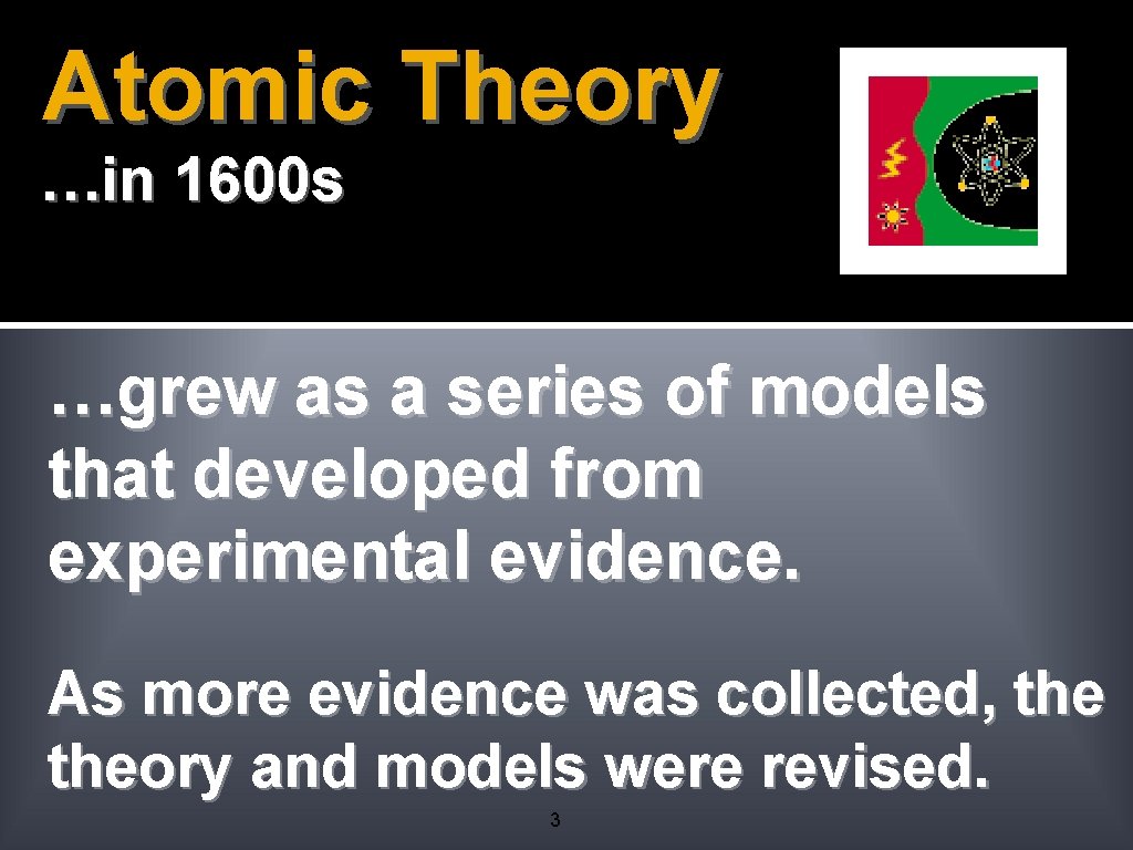 Atomic Theory …in 1600 s …grew as a series of models that developed from Atomic Theory …in 1600 s …grew as a series of models that developed from