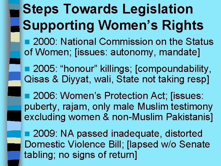 Steps Towards Legislation Supporting Women’s Rights 2000: National Commission on the Status of Women;