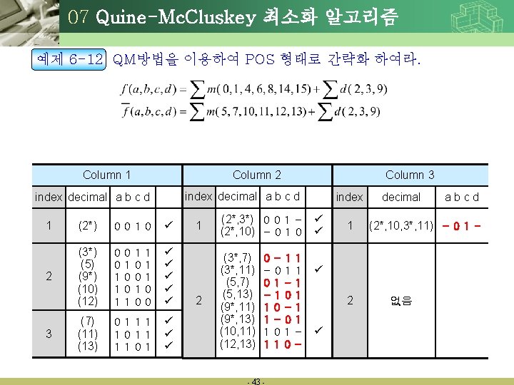 07 Quine-Mc. Cluskey 최소화 알고리즘 예제 6 -12 QM방법을 이용하여 POS 형태로 간략화 하여라.