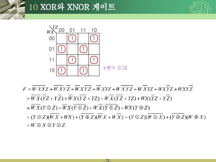 10 XOR와 XNOR 게이트 4변수 XOR - 72 - 