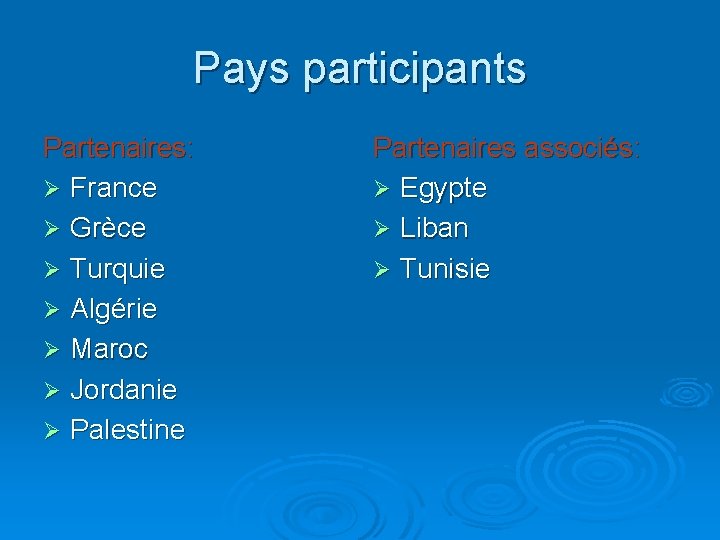 Pays participants Partenaires: Ø France Ø Grèce Ø Turquie Ø Algérie Ø Maroc Ø