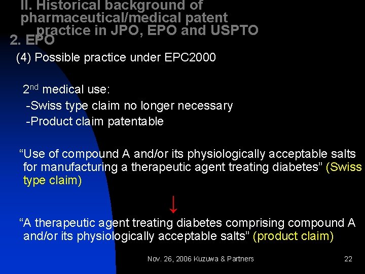 II. Historical background of pharmaceutical/medical patent practice in JPO, EPO and USPTO 2. EPO