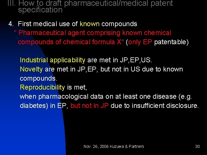 III. How to draft pharmaceutical/medical patent specification 4. First medical use of known compounds
