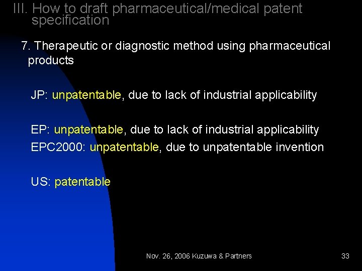 III. How to draft pharmaceutical/medical patent specification 7. Therapeutic or diagnostic method using pharmaceutical