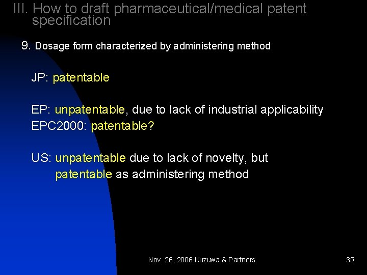 III. How to draft pharmaceutical/medical patent specification 9. Dosage form characterized by administering method