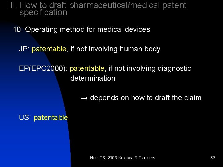 III. How to draft pharmaceutical/medical patent specification 10. Operating method for medical devices JP: