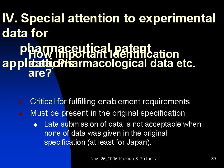 IV. Special attention to experimental data for pharmaceutical patent How important Identification data, Pharmacological