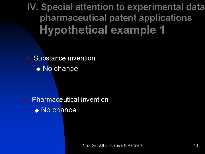 IV. Special attention to experimental data pharmaceutical patent applications Hypothetical example 1 n Substance