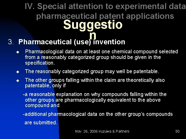 IV. Special attention to experimental data pharmaceutical patent applications 3. Suggestio n Pharmaceutical (use)