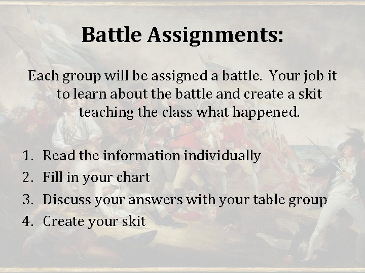 Battle Assignments: Each group will be assigned a battle. Your job it to learn
