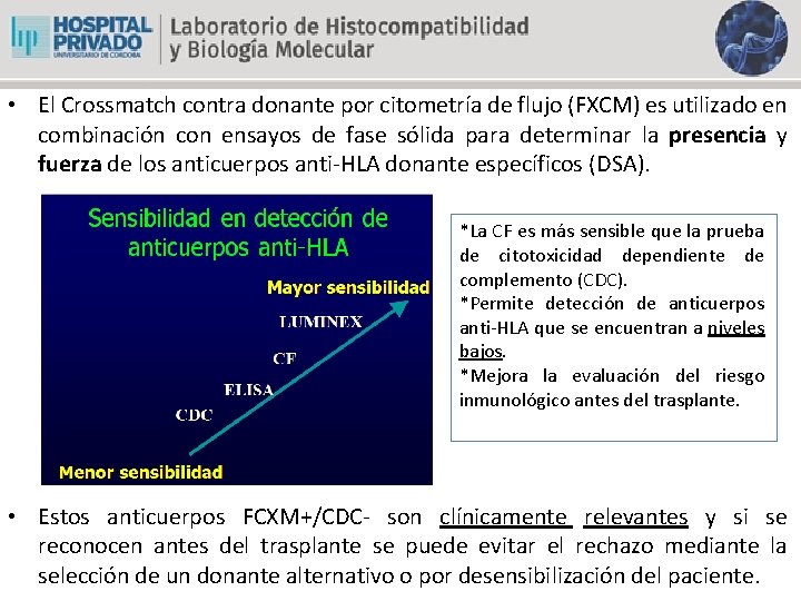  • El Crossmatch contra donante por citometría de flujo (FXCM) es utilizado en