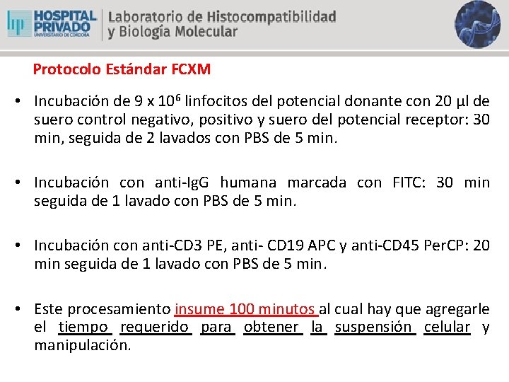 Protocolo Estándar FCXM • Incubación de 9 x 106 linfocitos del potencial donante con