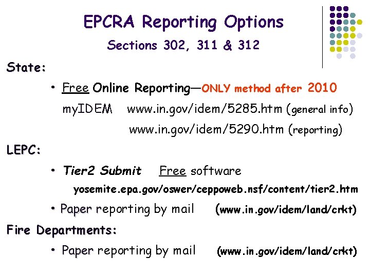 EPCRA Reporting Options Sections 302, 311 & 312 State: • Free Online Reporting—ONLY method