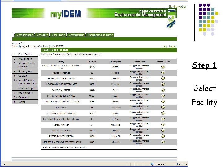 Step 1 Select Facility 