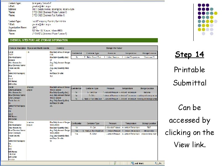 Step 14 Printable Submittal Can be accessed by clicking on the View link. 