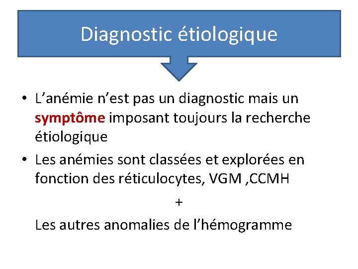 Diagnostic étiologique • L’anémie n’est pas un diagnostic mais un symptôme imposant toujours la Diagnostic étiologique • L’anémie n’est pas un diagnostic mais un symptôme imposant toujours la