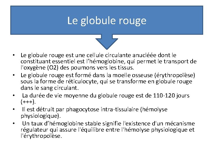 Le globule rouge • Le globule rouge est une cellule circulante anucléée dont le Le globule rouge • Le globule rouge est une cellule circulante anucléée dont le