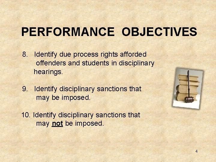 PERFORMANCE OBJECTIVES 8. Identify due process rights afforded offenders and students in disciplinary hearings.