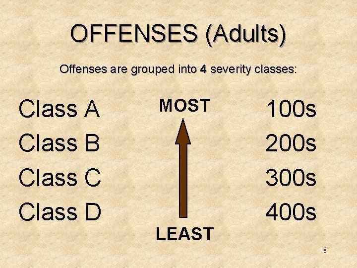 OFFENSES (Adults) Offenses are grouped into 4 severity classes: Class A Class B Class