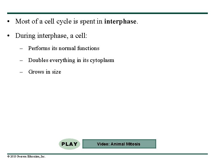  • Most of a cell cycle is spent in interphase. • During interphase,