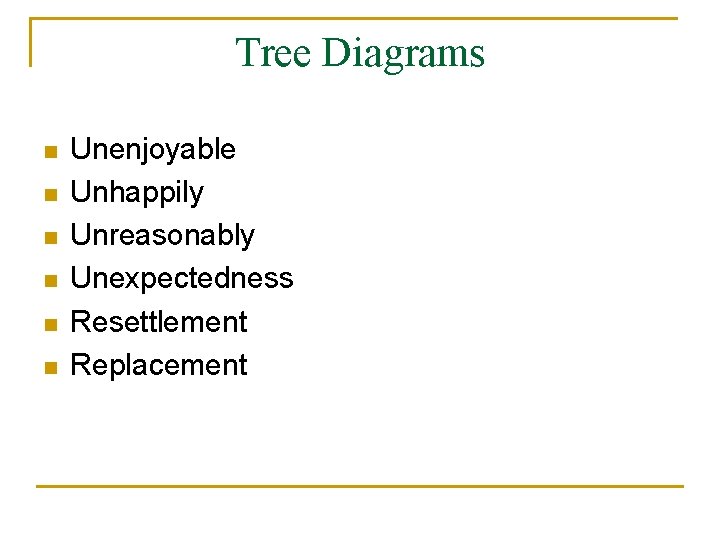 Tree Diagrams n n n Unenjoyable Unhappily Unreasonably Unexpectedness Resettlement Replacement 