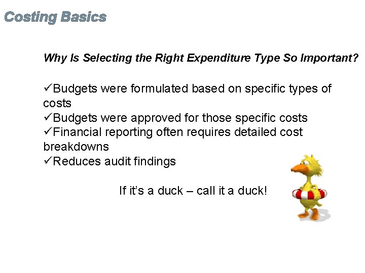 Costing Basics Why Is Selecting the Right Expenditure Type So Important? üBudgets were formulated