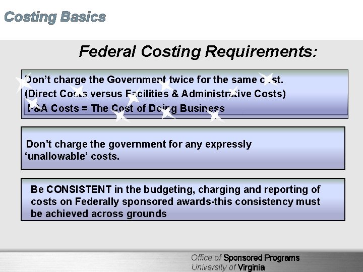 Costing Basics Federal Costing Requirements: Don’t charge the Government twice for the same cost.
