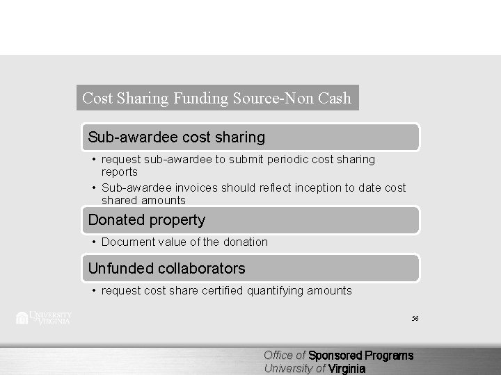 Cost Sharing Funding Source-Non Cash Sub-awardee cost sharing • request sub-awardee to submit periodic