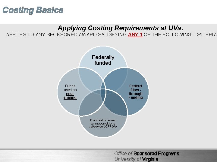 Costing Basics Applying Costing Requirements at UVa. APPLIES TO ANY SPONSORED AWARD SATISFYING ANY