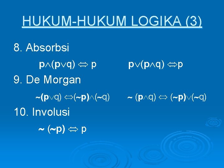 HUKUM-HUKUM LOGIKA (3) 8. Absorbsi p (p q) p p (p q) p 9.